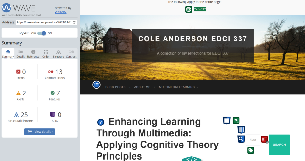 The image shows a screengrab of a blog page with the title "Enhancing Learning through Multimedia: Applying Cognitive Theory Principles". On the left side of the screen is a menu that reads: 0 errors, 13 contrast errors, 2 alerts, 7 features, and 25 structural elements.