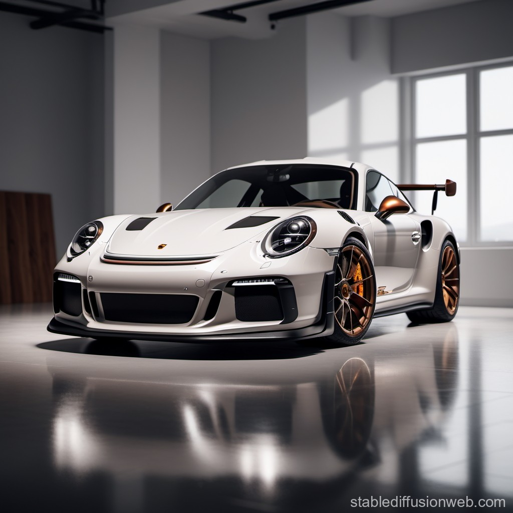 AI generated image of a white Porsche GT3 RS well lit in a studio with windows on one side.